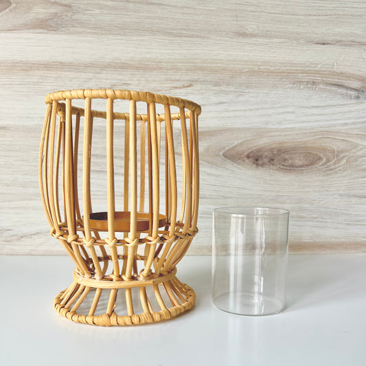 The Rattan Candle Holder with the glass insert removed to show how the pieces separate - The Offbeat Co. 