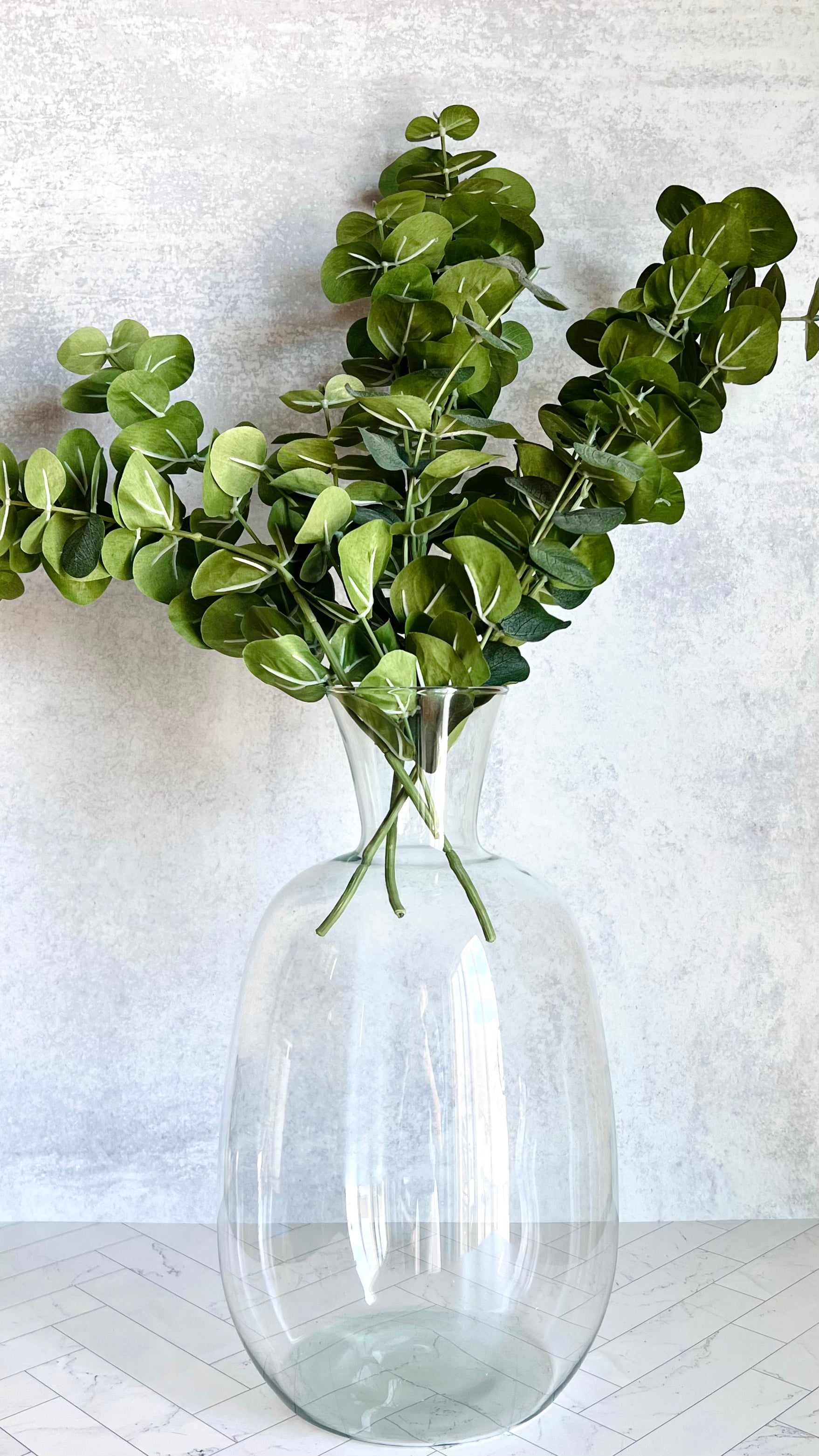 The Recycled Glass Vase with faux eucalyptus stems inside- The Offbeat Co.